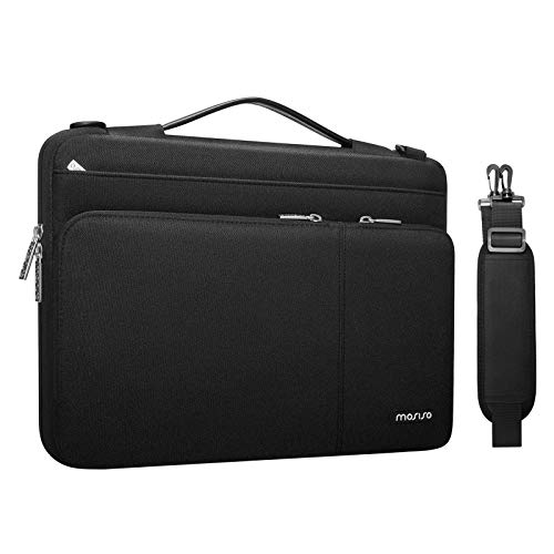 MOSISO 360 Protective Laptop Shoulder Bag Compatible with MacBook Air/Pro,13-13.3 inch Notebook,Compatible with MacBook Pro 14 inch 2023-2021,Side Open Sleeve with 3 Front Pockets&PU Handle&Belt,Black