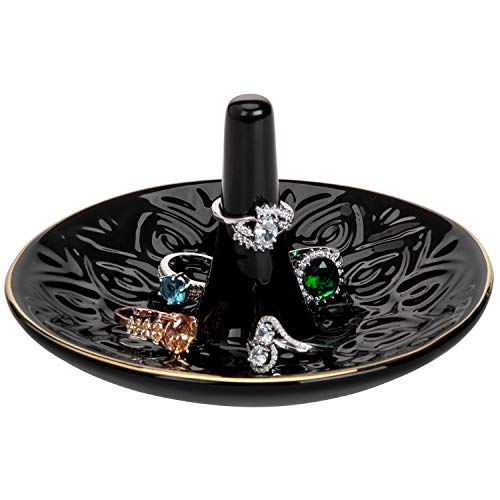 MyGift Decorative Black Ceramic Ring Holder Dish Jewelry Tray with Raised Heart Design