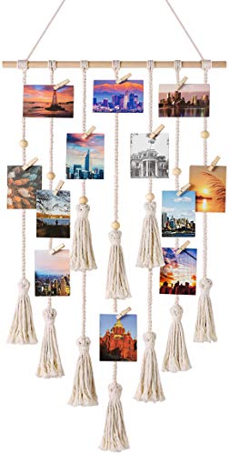 Mkono Hanging Photo Display Boho Macrame Wall Decor Room Home Office Decoration Teen Girl Women Gift Picture Frame Holder Wall Art for Christmas Birthday Party Bedroom Dorm, with 30 Wood Clips, Ivory