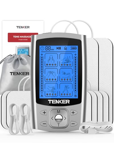 TENKER EMS TENS Unit Muscle Stimulator, 24 Modes Dual Channel Electronic Pulse Massager for Pain Relief/Management & Muscle Strength Rechargeable TENS Machine with 8 Pcs Electrode Pads