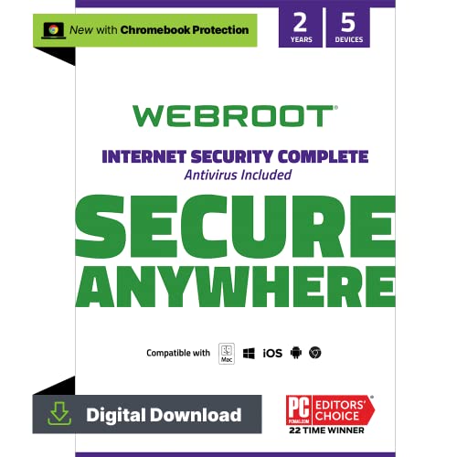 Webroot Internet Security Complete | Antivirus Software 2024 | 5 Device | 2 Year Download for PC/Mac/Chromebook/Android/IOS + Password Manager, Performance Optimizer & Cloud Backup