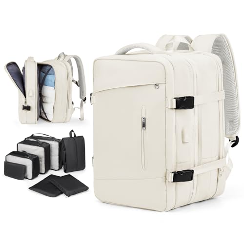 winspansy Large Carry on Travel Backpack for Women Men,Laptop Personal Item Waterproof Hiking Outdoor Sports Rucksack Backpack Traveling on Airplane Travel Essentials Expandable,Beige