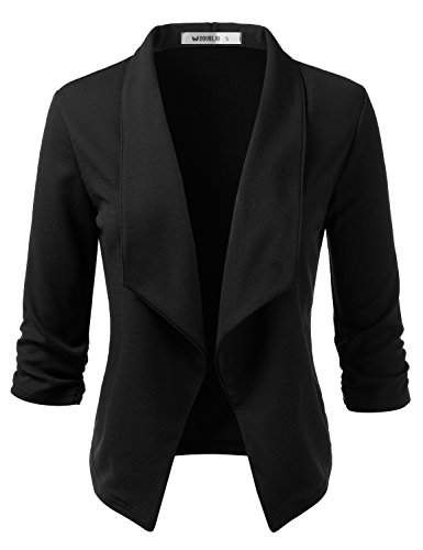 DOUBLJU Ruched 3/4 Sleeve Open Front Draped Blazers Business Casual Basic Work Jackets for Womens Clothes with Plus Size Black