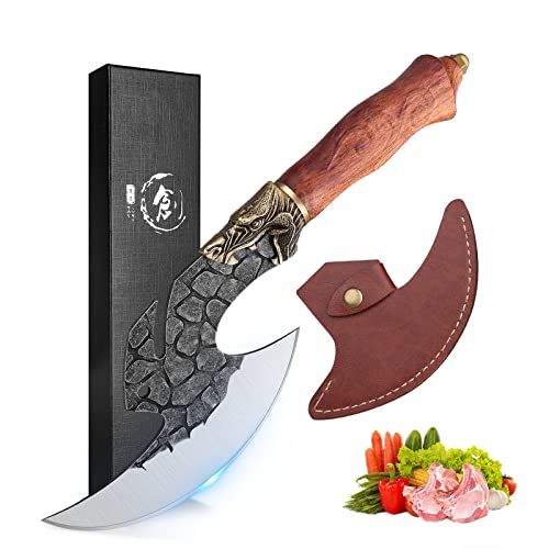 ROCOCO Viking Cleaver Knife Butcher Meat Cutting Boning Knife Hand Forged Chinese Kitchen Axe with Sheath Home Outdoor BBQ Camping Birthday Thanksgiving Christmas Gift Men