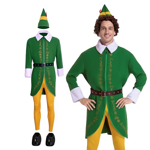 HOSEBS Buddy The Elf Costume for Men Full Set Cosplay Buddy Elf Costumes Adult for Halloween Christmas (XL)