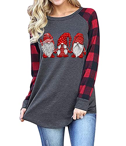 Christmas Shirt Women Gnomes T-Shirt Women Xmas Buffalo Plaid Splicing Tshirt Holiday Raglan Baseball Long Sleeve Tops Gray