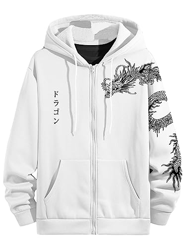 Floerns Men's Causal Graphic Print Long Sleeve Zip Up Drawstring Thermal Hoodies Sweatshirt With Pockets White Dragon M