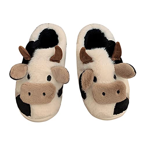 Jerzmy Fuzzy Cow Slippers for Women Men, Cute Cotton Animals House Slippers Fluffy Plush Shoes for Girls Indoor Living Room Bedroom Garden, Size 5.5-6.5