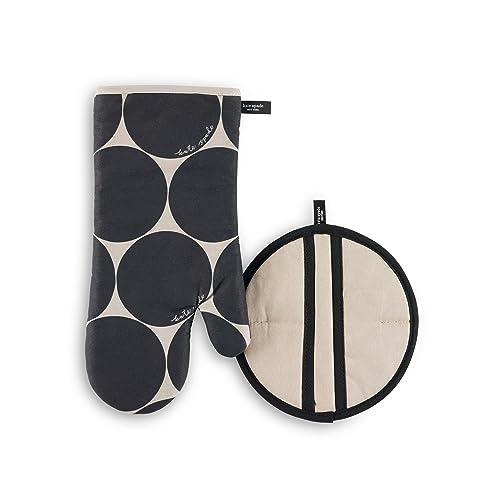 Kate Spade New York Joy Dot Oven Mitt & Pot Grabber 2-Pack Set, 7' x 13', 8' Round, Black/Beige