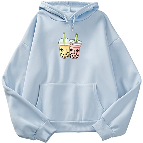 Weetiotio Cute Women's Boba Milk Tea Hoodie Kawaii Y2K Cartoon Oversized Long Sleeves Aesthetic Hooded Sweatshirts for Teens (Light Blue,L,Large)