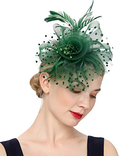 Fascinators Hat for Women Tea Party Headband Kentucky Derby Wedding Flower Cocktail Mesh Feathers Hair Clip(1-Green)