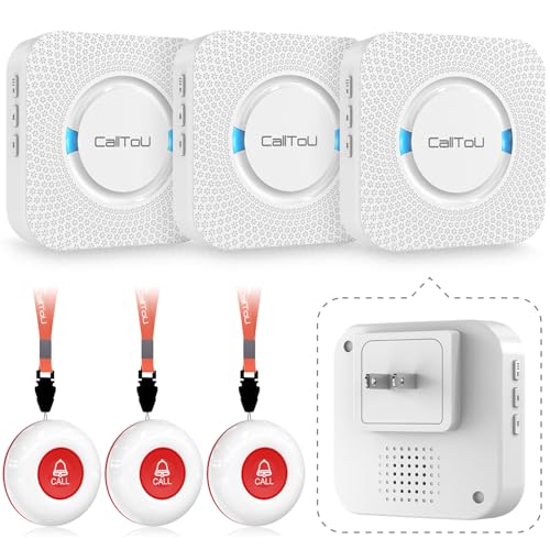 CallToU Caregiver Pager Elderly Alert Call Button for Seniors Smart Patient Call Bell Wireless Emergency Button System Adult Monitors at Home 3 Plugin Receivers 3 Waterproof Portable Transmitters