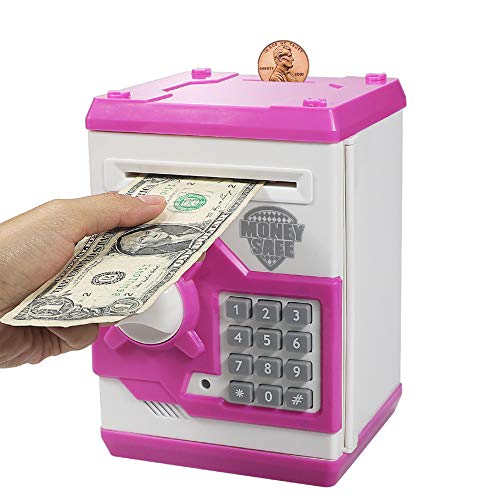 Suliper Electronic Piggy Bank Code Lock for Kids Baby Toy, Mini ATM Safe Coin Cash Banks Real Money Saving Box with Password, Auto Money Scroll for Children,Boys Girls Birthday Gift (White/Pink)