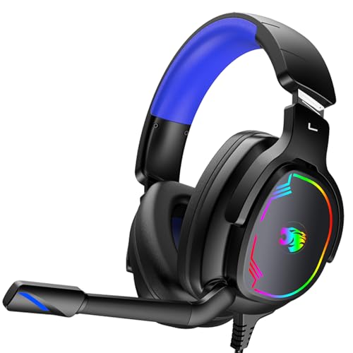 Jimonyer Gaming Headset for PC/PS4/PS5/Xbox One/Switch, Stereo Surround Sound Gaming Headphones with Noise Canceling Flexible Mic, Computer Headset with 3.5mm Jack & RGB Light(Blue)