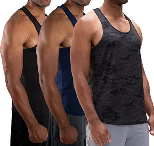 DEVOPS 3 Pack Men's Y-Back Dry Fit Muscle Gym Workout Tank Top (X-Large, Black/Camo Black/Navy)