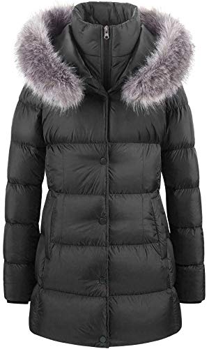 CREATMO US Women's Parka Jacket Water Resistant Long Puffer Coat With Big Fur hood Black XL