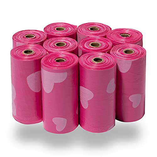 Best Pet Supplies Dog Poop Bags (150 Bags) for Waste Refuse Cleanup, Doggy Roll Replacements for Outdoor Puppy Walking and Travel, Leak Proof and Tear Resistant, Thick Plastic - Pink Heart