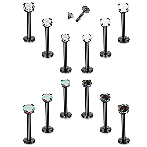 TEN MIRO 12PCS 16G Lip Rings Helix Tragus Earrings Stainless Steel Internally Threaded Labret Studs Cartilage 2/3/4MM Clear CZ/Opal Earrings Monroe Medusa Piercing Jewelry(Black-8MM)