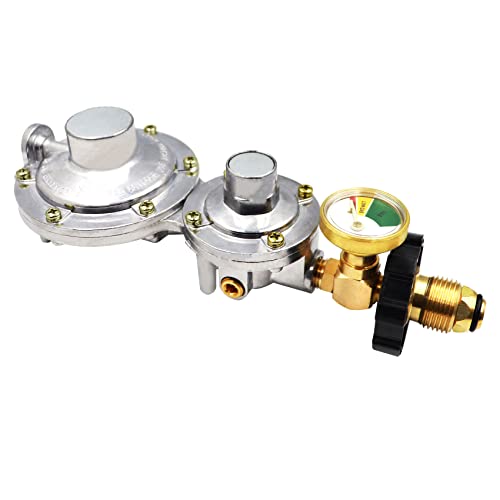 Vertical Two Stage Propane Regulator with POL and Gauge, 2 Stage Propane Regulator Standard 3/8 Female NPT Connection, Double Stage Regulator for 20-100lb Tank，Gas Grill, RV, Propane Heater