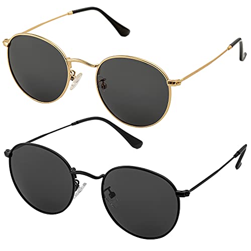 Onrtry Small Round Polarized Sunglasses for Men Women Classic Circle Metal Frame Sun Glasses 2 Pack (Gold/Black + Black/Black)