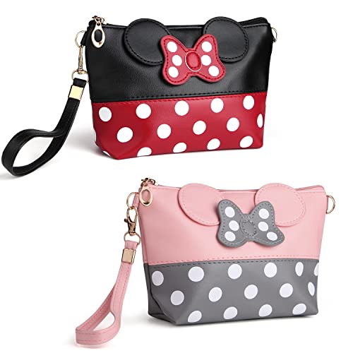 yiwoo 2 Pack Cartoon Leather Travel Makeup Handbag, Cute Portable Cosmetic Bag Toiletry Pouch for Women Teen Girls Kids（Pink&Black）