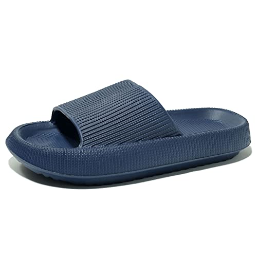 NewDenBer Men's Pillow Slides Slippers Soft Cushioned Foam Thick Sole Shower Bathroom Indoor Outdoor House Slide Sandals (15-16 Men, Navy)