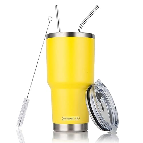 D·S 30oz Yellow Tumbler Stainless Steel Insulated Travel Mug with Straw Lid Cleaning Brush (30oz Yellow)