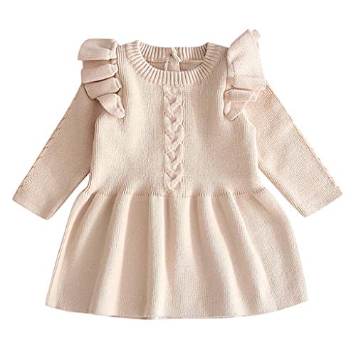 Toddler Girls Solid Sweater Crochet Dresses for 0-4 Years,Elegant Long Sleeve Pure Color Frilled Twisted Knit Dress Beige