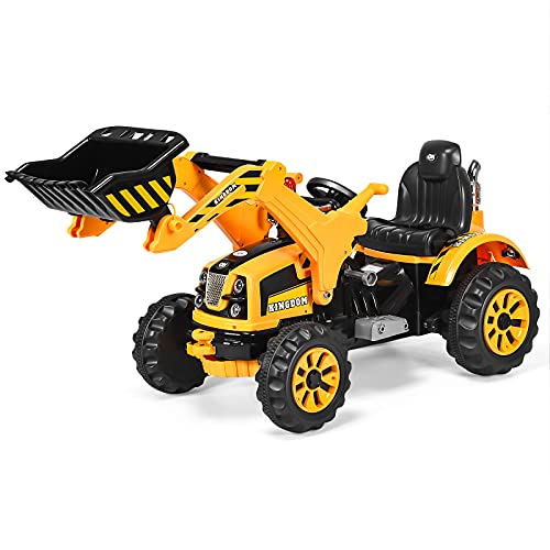 HONEY JOY Ride on Excavator, 12V Battery Powered Construction Vehicles for Kids, Front Loader Shovel w/Horn, 2 Speeds, Forward/Backward, Safety Belt, Kids Bulldozer for Boys Girls(Yellow)