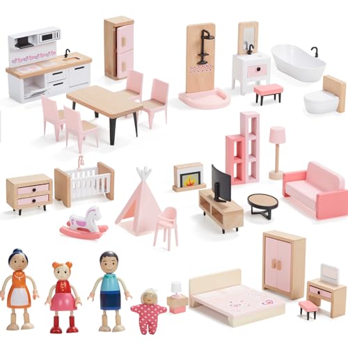 Giant bean Wooden Dollhouse Furniture Set, 36pcs Furnitures with 4 Family Dolls, Wood and Plastic Pink Dollhouse Accessories Pretend Play Furniture Toys for Boys Girls & Toddlers 3Y+