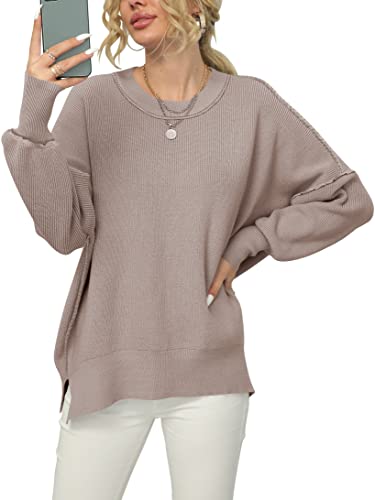 ANRABESS Women's 2023 Fall Casual Long Sleeve Oversized Crew Neck Solid Color Side Slit Rib Knit Pullover Sweater Tops A305hongxing-M
