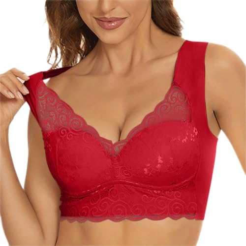 Sports Bras for Women Sexy Wireless Push up Lace Bras Tank Top Bra Seamless Comfortable Full-Coverage T-Shirt Bra Red