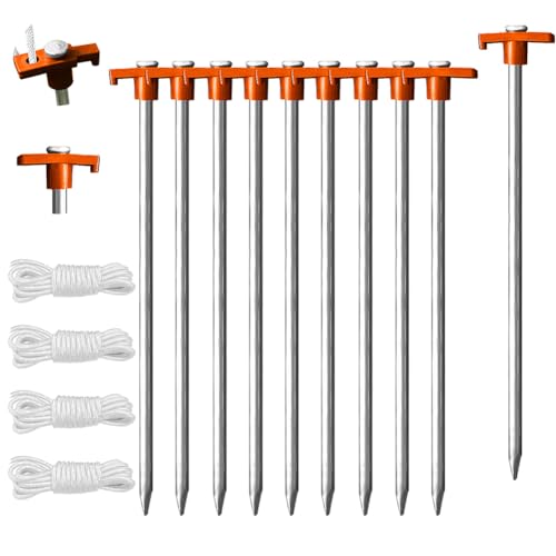 Eurmax USA Galvanized Non-Rust Camping Family Tent Pop Up Tent Stakes Ice Tools Heavy Duty 10pc-Pack, with 4x10ft Ropes & 1 Orange Stopper