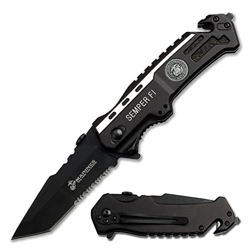 MTECH USA U.S. Marines by MTech USA USA M-1002TS Folding Knife, Black Handle with Medallion, 4.75-Inch Closed Length