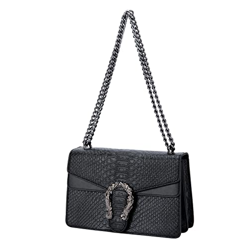 Leather Shoulder Bag Chain Purse for Women - Fashion Crossbody Bags Vintage Snake Print Underarm Bag Square Satchel Clutch Handbag（Black）