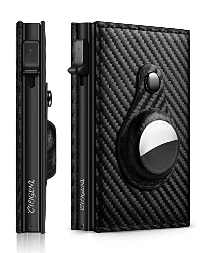 CHJGLNL Genuine Leather Slim Smart AirTag Wallet for Men with Money Clip, Pop Up RFID Blocking Money Credit Card Holder Minimalist (AirTag-Carbon Fiber Black)
