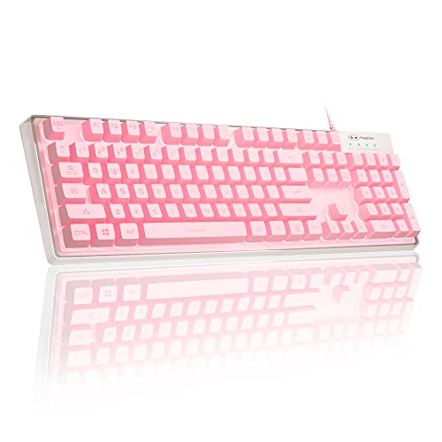 MageGee Gaming Keyboard, 7 Solid Colors Backlit Wired Gaming Keyboard with Clear Housing and Double-Shot Keycaps, K1 Waterproof Ergonomic 104 Keys Light Up Keyboard for PC Desktop Laptop, Pink