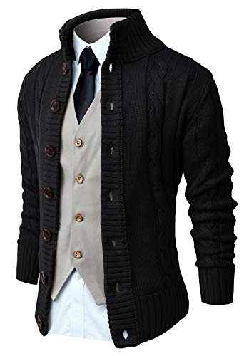 NITAGUT Mens Long Sleeve Stand Collar Cardigan Sweaters Button Down Cable Knitted Sweater,Black,X-Large