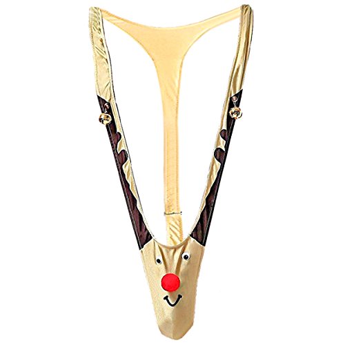 VVEEWUU Men's Funny Christmas Thong Gag Gift Reindeer Mankini Men Thong Novelty Underwear with Bells Khaki