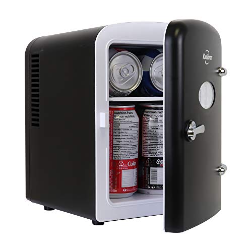 Koolatron retro Mini Portable Fridge, 4L Compact Refrigerator for Skincare, Beauty Serum, Face Mask, Personal Cooler, Includes 12V and AC Cords, Desktop Accessory for Home Office Dorm Travel, Black