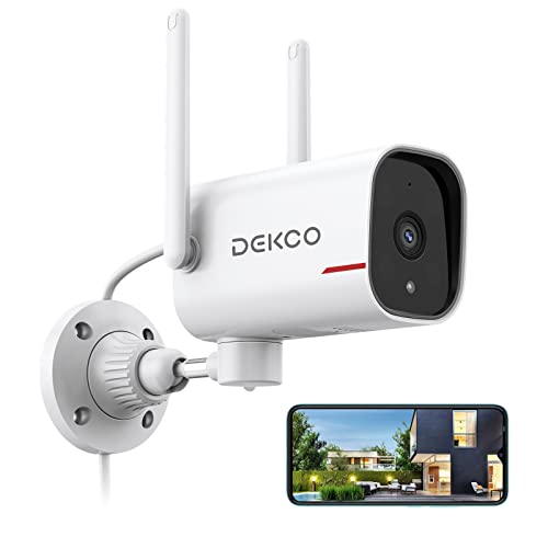 DEKCO WiFi Camera 2K Pan Rotating 180° Wired Outdoor Security Cameras with Color Night Vision, Support 24/7 Recording, 2.4&5G WiFi, AI Human Auto Tracking, Work with Alexa/Google Assistant (1 Pack)
