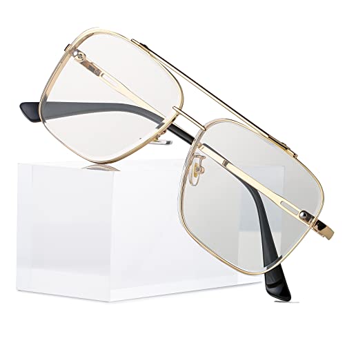 Breaksun Square Aviator Sunglasses for Men Women Fashion Vintage Diamond Cutting Lens Classic Military Pilot Gradient Shades (Gold Frame/Clear lens)