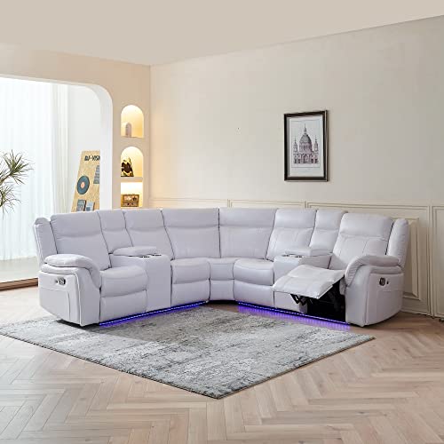 ERYE L-Shaped Symmetrical Sofa PU Leather Upholstered Corner Couch with 2 Manual Reclining Motion Chaise and 4 Cup Holders for Living Room Furniture Sets Sectional, White led Light Strip