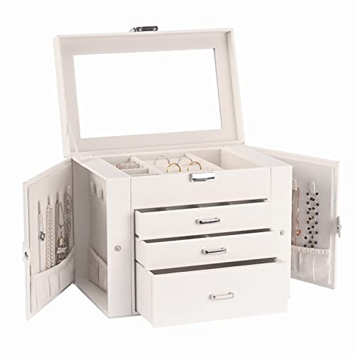 DQUTAR Jewelry Box for Women 4-layer Leather Large Jewelry Organizer Box with Drawers&Mirror for Necklace/Ring/Earring/Watch Storage (White)
