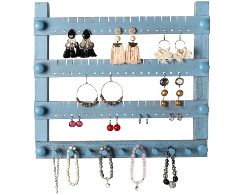 Comfify Large Jewelry Organizer w/ 51 Slots for Necklaces, 54 Slots for Earrings and 9 Slots for Rings, Headbands & More - Wall-Mount Jewelry Display for Accessories Enthusiasts – Distressed Blue