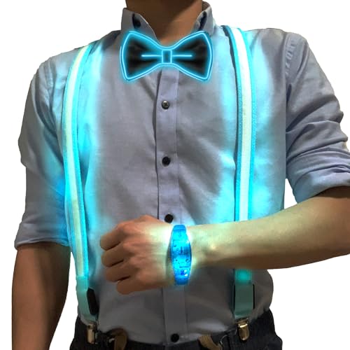 HELHUNLEE 3 Pcs/Combo, LED Light Up Suspenders With Music Rhythm Glow Bracelets And Bow Tie Combo, Adjustable Elastic Flashing Led Clothing for Men and Women