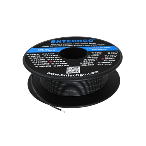 BNTECHGO 22 Gauge Silicone wire spool 250 ft Black Flexible 22 AWG Stranded Tinned Copper Wire