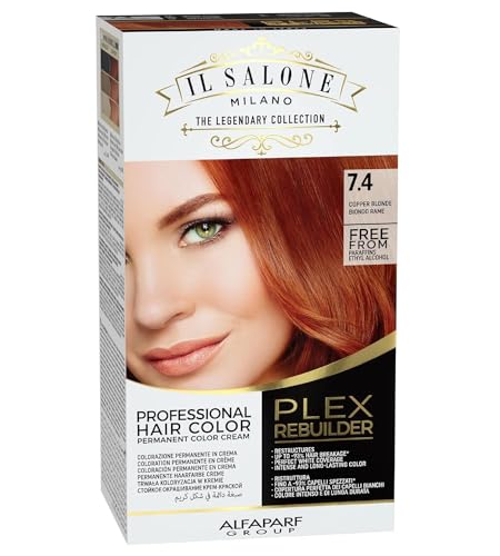 Il Salone Milano Plex Rebuilder Permanent Hair Color Cream - 7.4 Copper Blonde Professional Hair Dye Kit for a Natural Gloss & Glaze - Paraffin, Paraben, and Alcohol Free