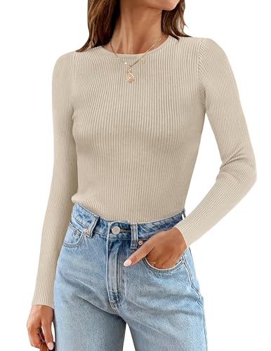 ZESICA Women's Long Sleeve Crewneck Shirts 2023 Fall Clothes Ribbed Knit Sweaters Slim Fitted Casual Basic Tee Tops,Almond,Medium