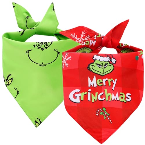 Christmas Dog Bandanas Gifts for Boy Girl, 2 Pcs Premium Durable Square Dog Costumes Bandanas for Large Dogs, Unique Design Style Adjustable Kerchief, Xmas Holiday Party Birthday Dog Outfits